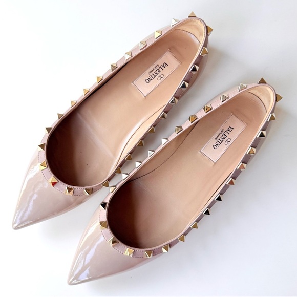 Valentino Garavani Rockstud Pointed Toe Flats Nude Beige Patent Leather 38.5 - Picture 8 of 15